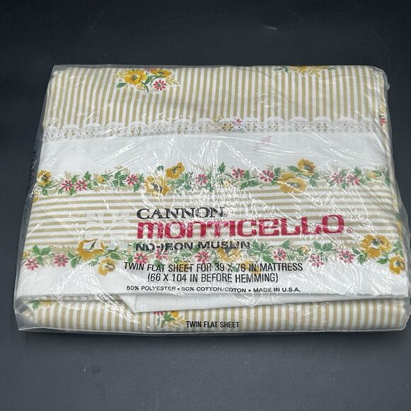NEW VTG 70’s Cannon Monticello Gold Stripe Twin Flat Sheet Floral Embroidered - Picture 1 of 2